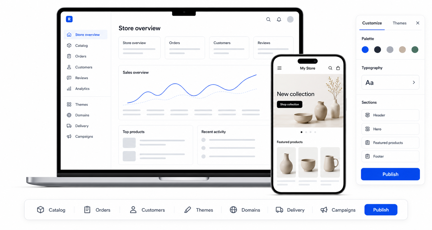 Restonme seller admin, storefront, customization, and publish workspace preview